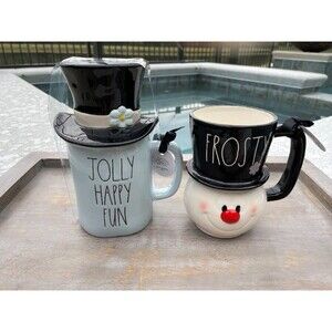 Rae Dunn Jolly Happy Fun w/Hat Topper & Frosty the Snowman Mug Set